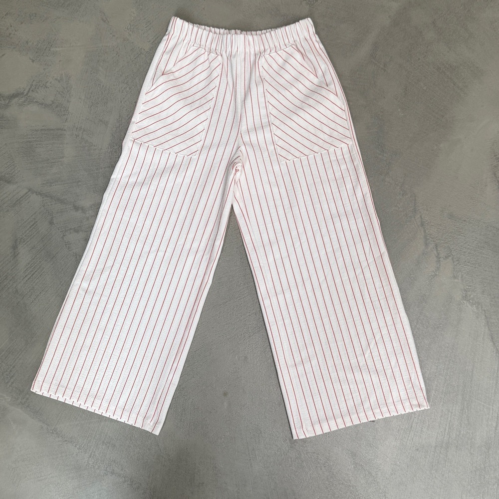 ZARA Kids White Pull-On Wide Leg Pants with Red Pin Stripes - Nautical